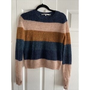 Pam Gela Revolve Striped Alpaca Wool Sweater Womens Size S Navy Tan Fuzzy